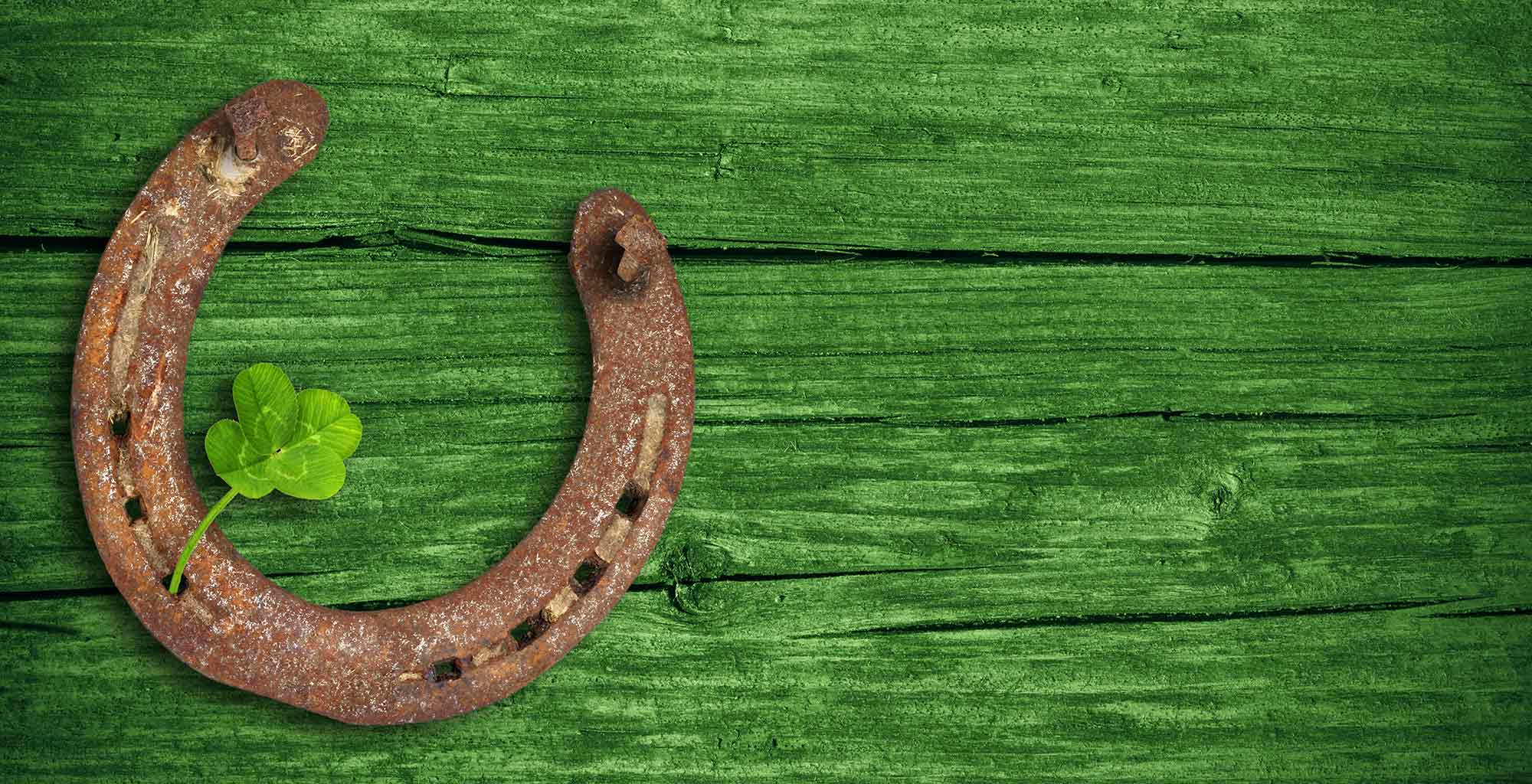 A shamrock and horeshoe on a green background